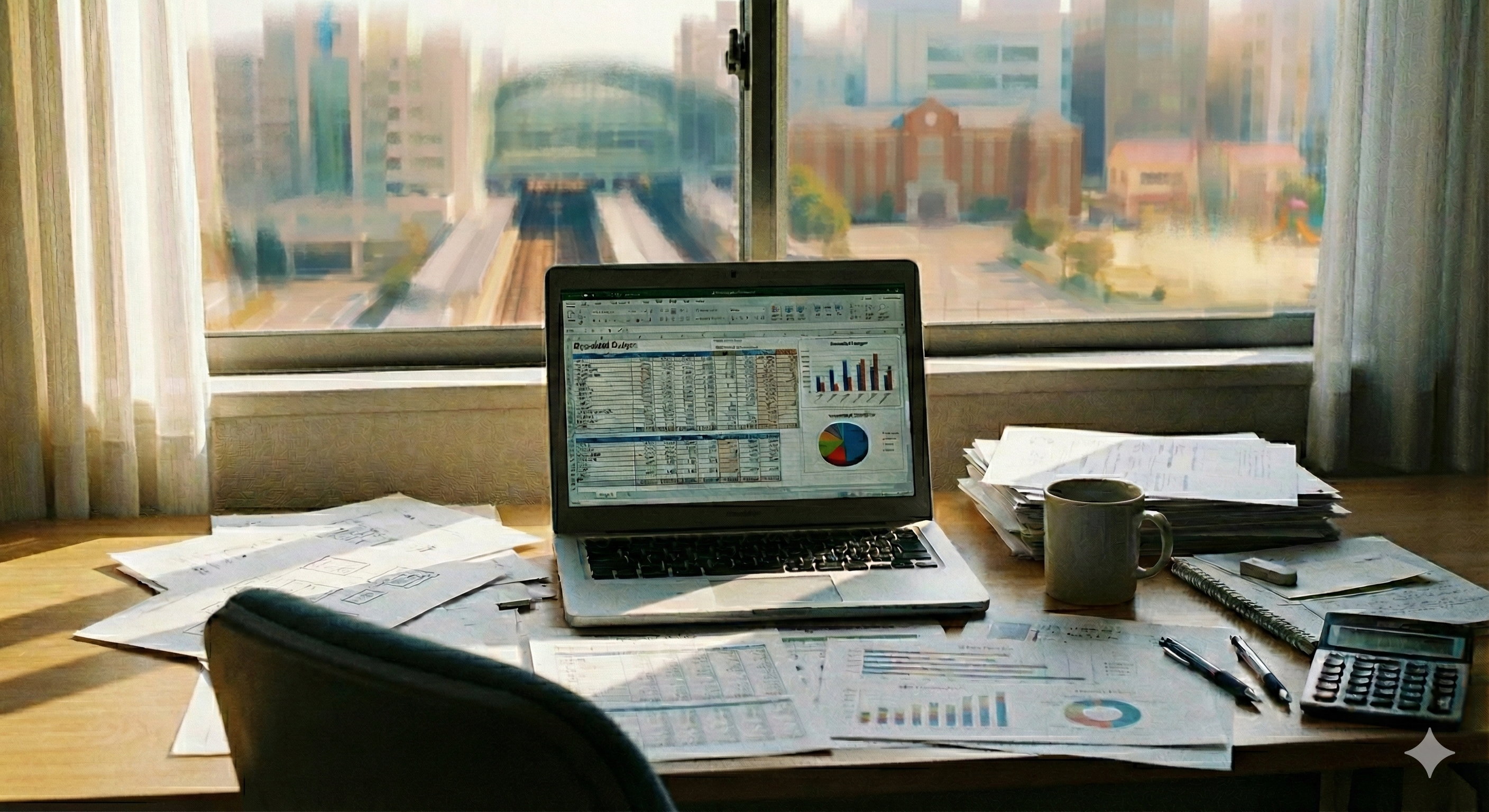 Ein überfüllter Schreibtisch erstreckt sich von linken zum rechten Bildrand. Im Zentrum liegt ein geöffnetes Notebook mit einem komplizierten Haushaltsplan und Finanzdiagrammen auf dem Bildschirm. Um das Notebook herum liegen verstreut Diagramme und Papiere. Durch das Fenster im Hintergrund blickt man auf abstrakt und symbolisch dargestellte gesellschaftliche Einrichtungen: ein Krankenhaus, ein Bahnhof, eine Schule und ein Kindergarten. Erstellt mit Gemini 3.